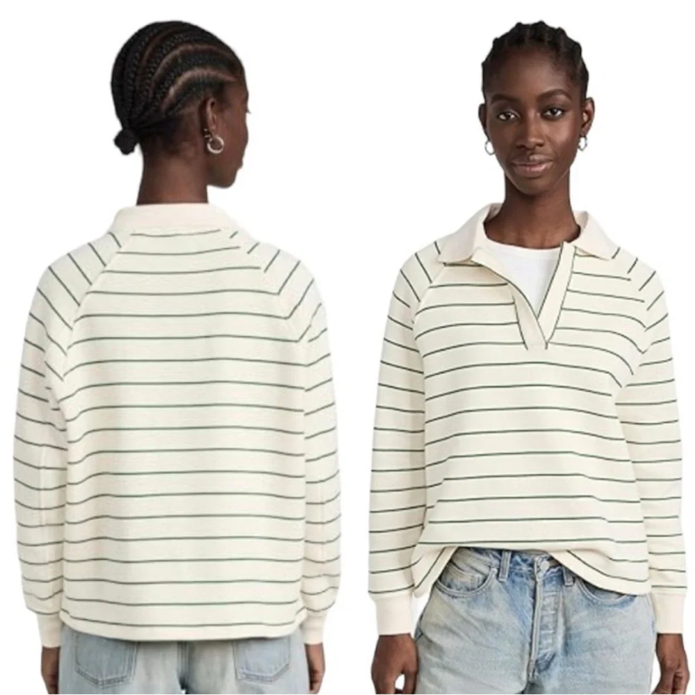 Madewell Green Stripe Crop Polo Sweatshirt Betterterry Fleece Varsity NWT XXS